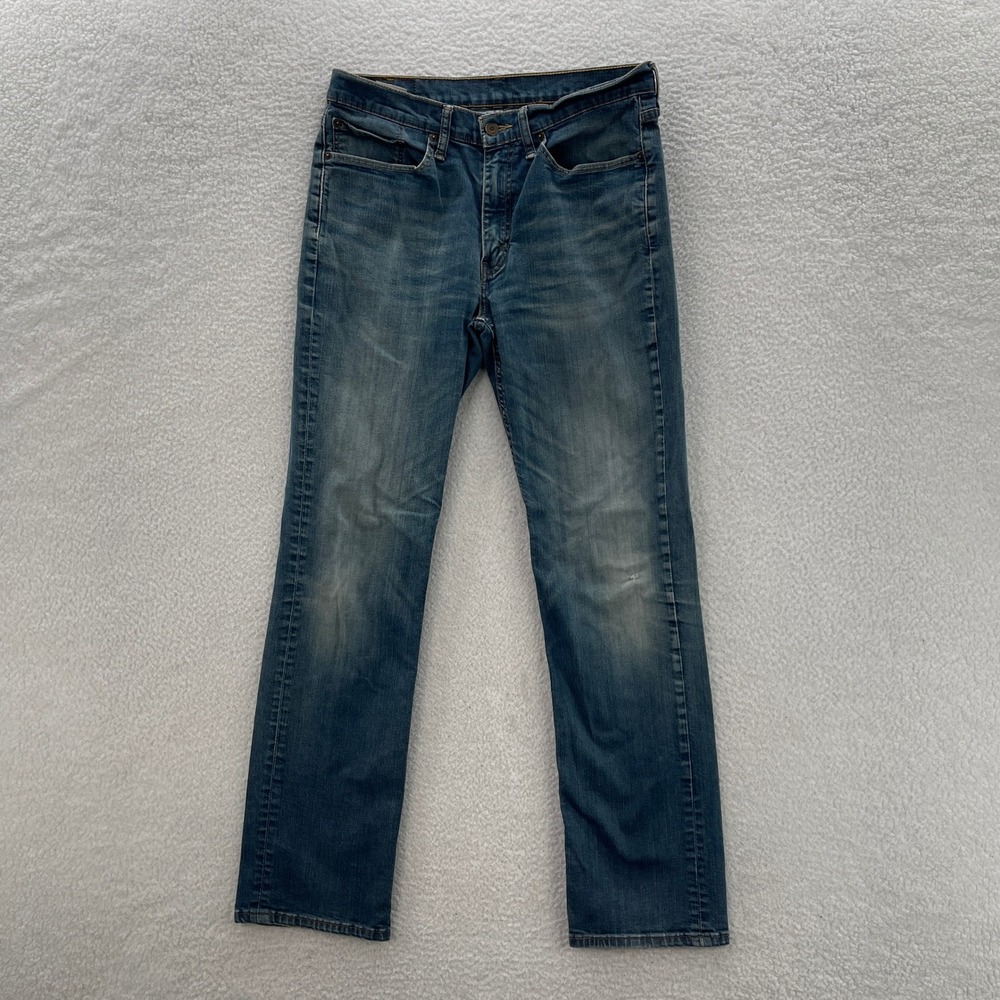 Levis 514 Jeans Mens 34x34 Blue Straight Fit Medium Wash Denim Whisker Grunge